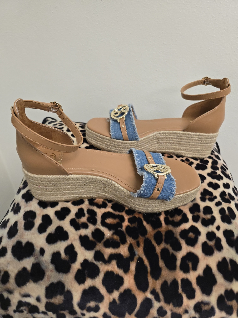 Sam & Libby Tan Leather and Blue Denim Espadrille Wedge Sandals with Gold Logo